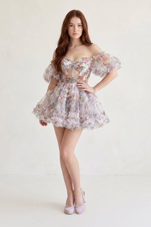 Ivana |A Line Off the Shoulder Floral Printed Homecoming Dress - KissProm