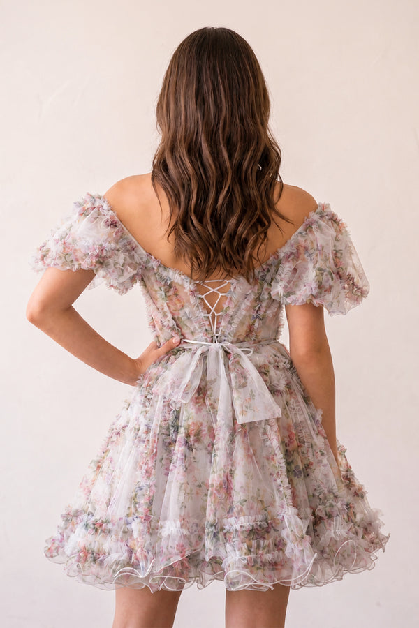 Ivana |A Line Off the Shoulder Floral Printed Homecoming Dress - KissProm