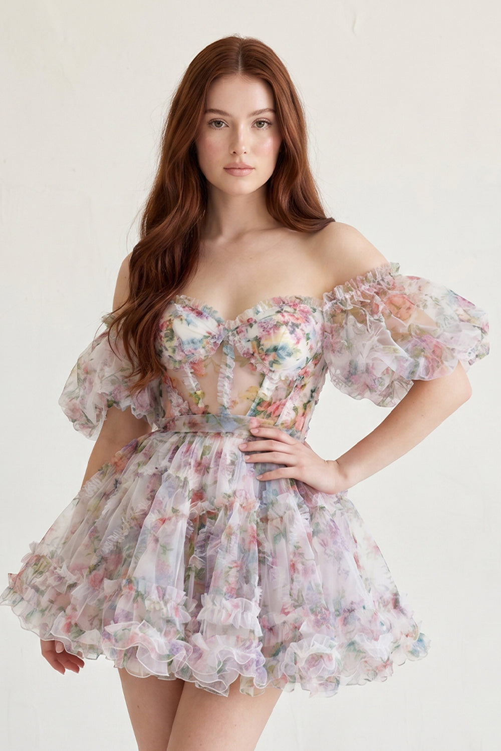 Ivana |A Line Off the Shoulder Floral Printed Homecoming Dress - KissProm