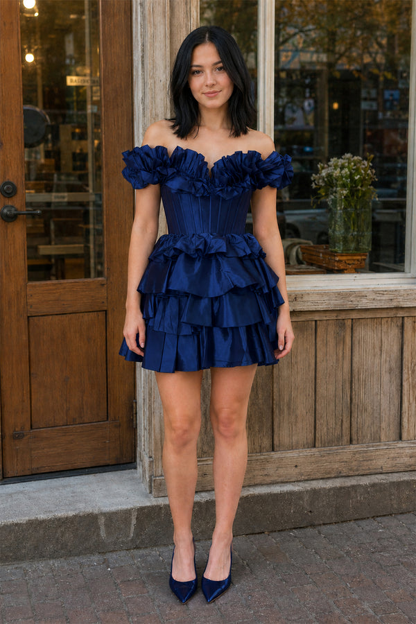 KissProm A-Line Off-the-Shoulder Corset Ruffle Tiered Homecoming Dress, Royal Blue / 2