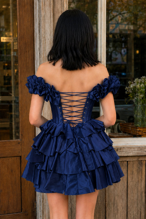 KissProm A-Line Off-the-Shoulder Corset Ruffle Tiered Homecoming Dress, Blue / 6