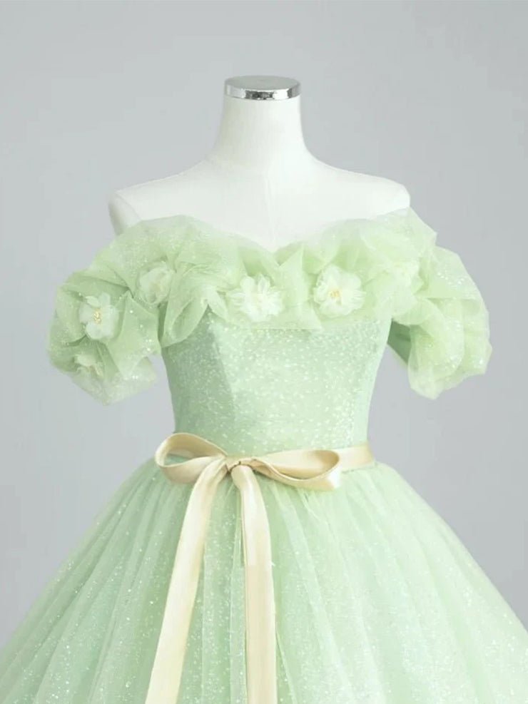 A-Line Off Shoulder Tulle Sage Green Long Prom Dresses