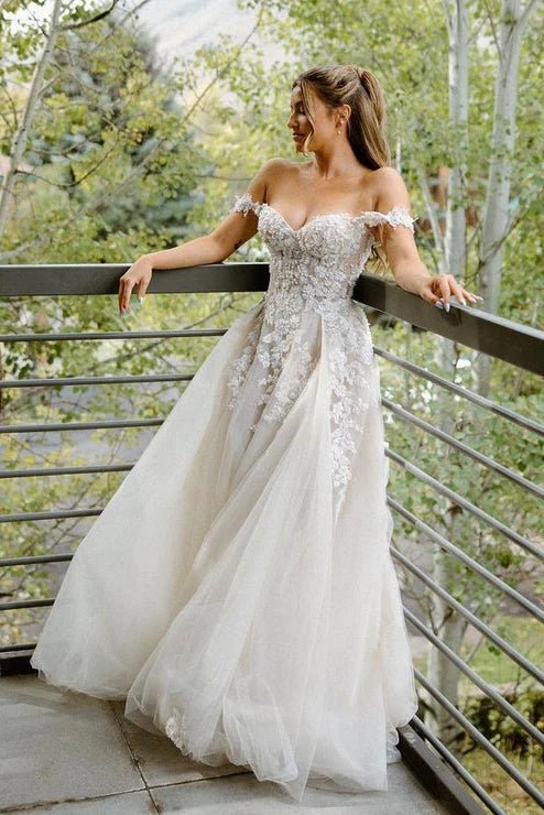 A-line Wedding Dress with Appliques and Off The Shoulder Long Sleeves