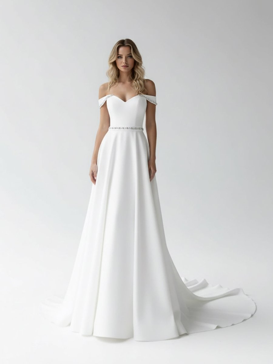 A - Line Off the Shoulder Beaded Wedding Dress - KissProm