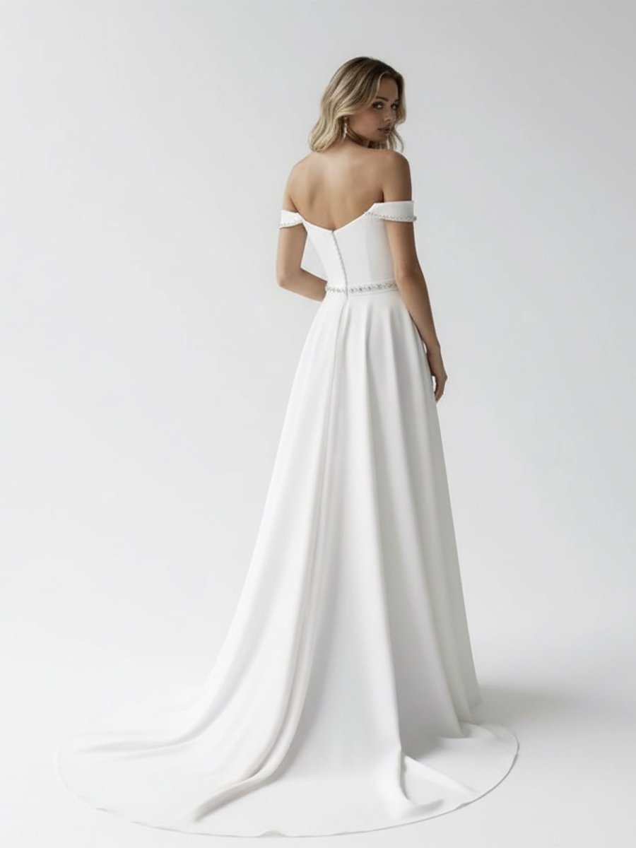 A - Line Off the Shoulder Beaded Wedding Dress - KissProm