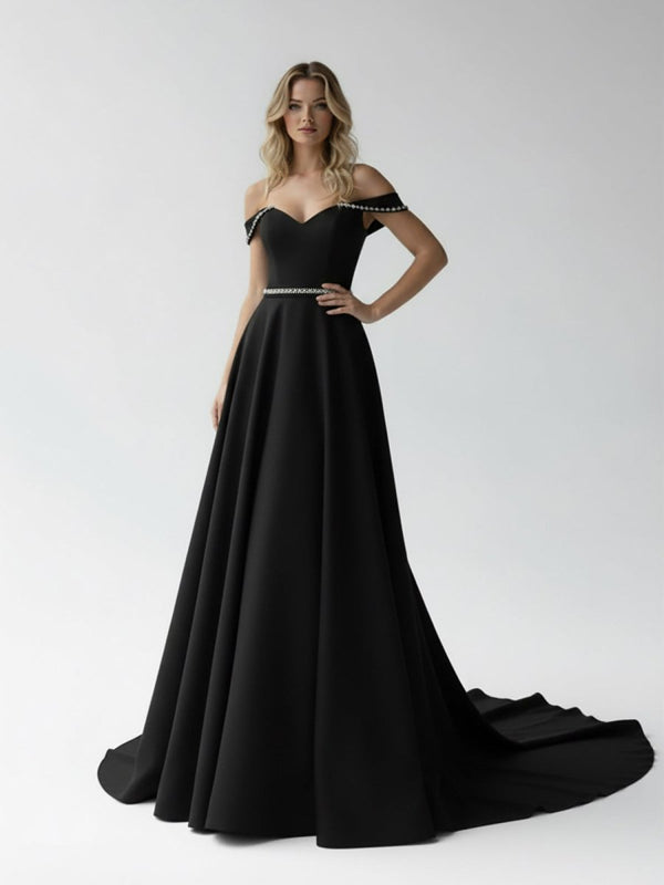 A - Line Off the Shoulder Beaded Wedding Dress - KissProm