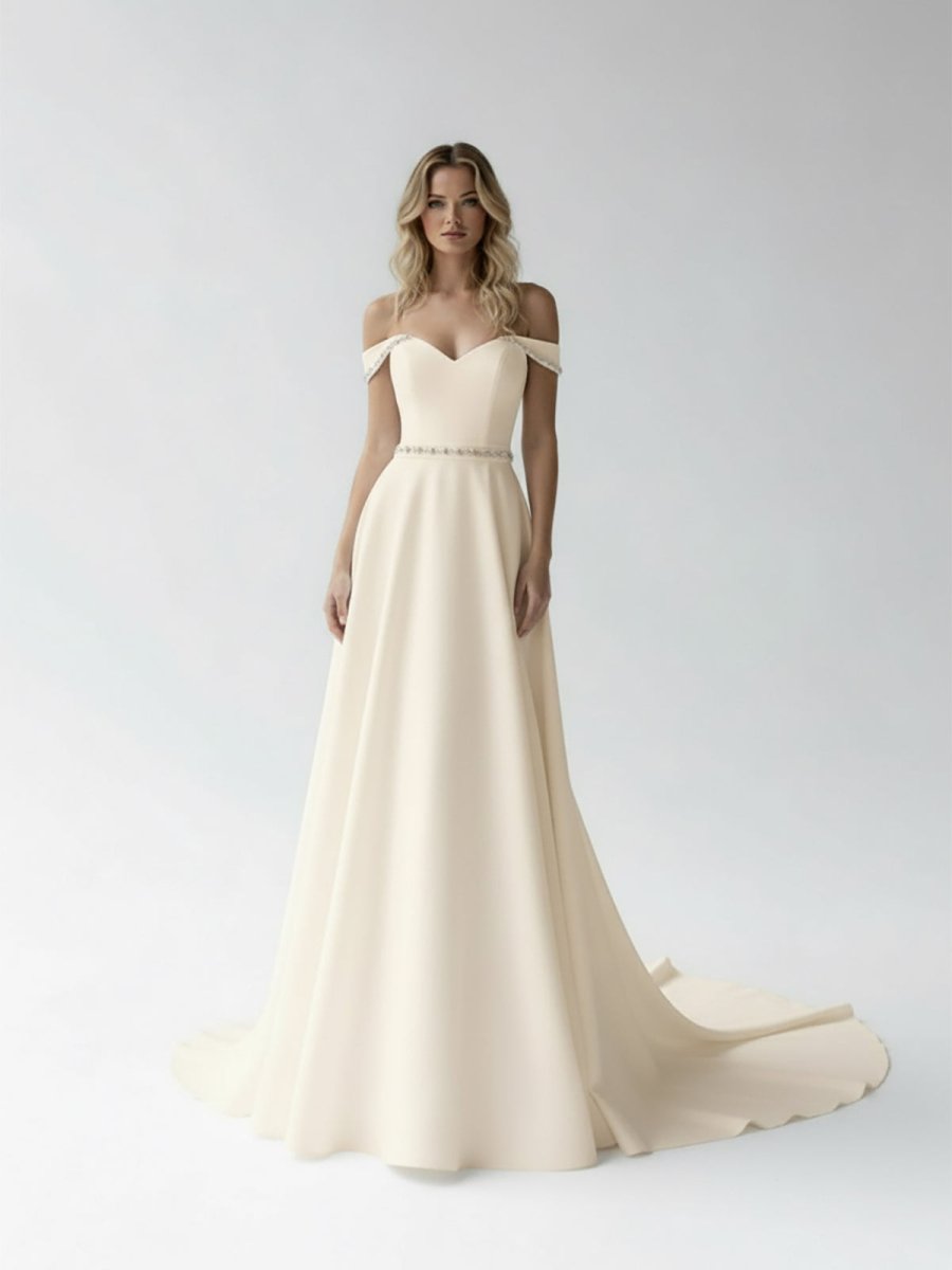 A - Line Off the Shoulder Beaded Wedding Dress - KissProm