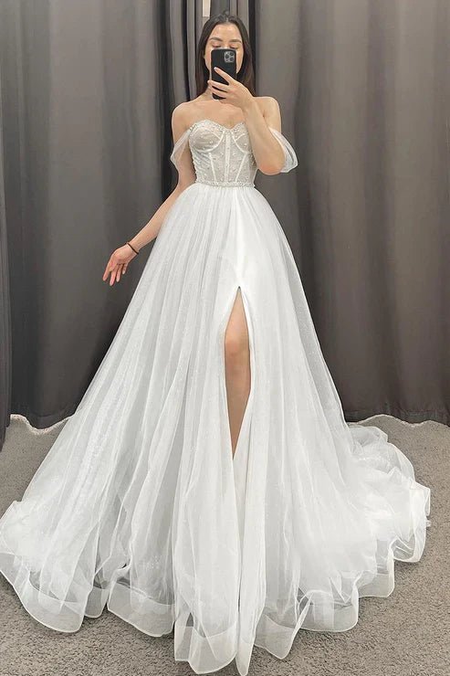 A-line Off the Shoulder Beads High Split Rustic Wedding Dress