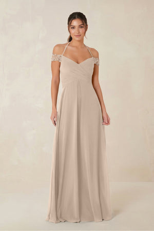 A-Line Off-the-Shoulder Chiffon Bridesmaid Dress in Almond - KissProm BRIDESMAID DRESSES