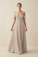 A-Line Off-the-Shoulder Chiffon Bridesmaid Dress in Almond - KissProm BRIDESMAID DRESSES