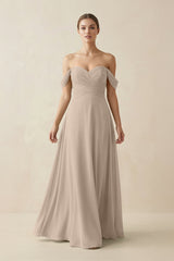 A-Line Off-the-Shoulder Chiffon Bridesmaid Dress in Almond - KissProm BRIDESMAID DRESSES