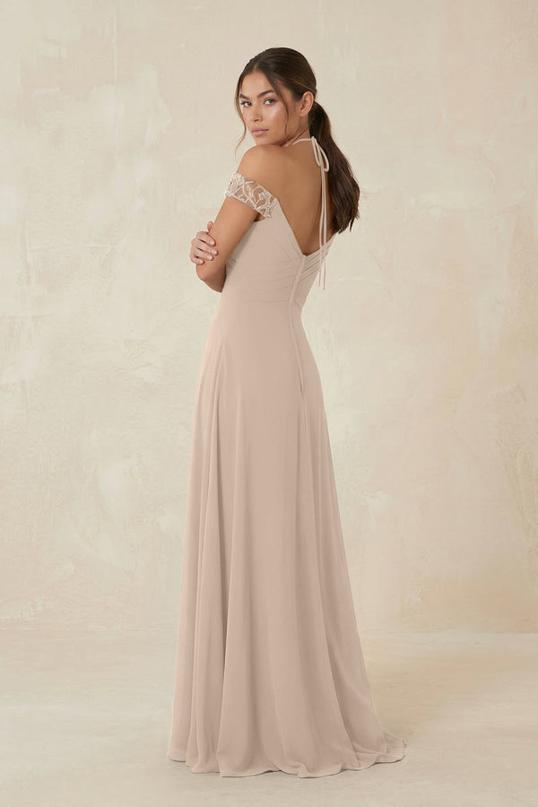A-Line Off-the-Shoulder Chiffon Bridesmaid Dress in Almond - KissProm BRIDESMAID DRESSES