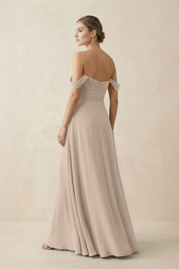 A-Line Off-the-Shoulder Chiffon Bridesmaid Dress in Almond - KissProm BRIDESMAID DRESSES