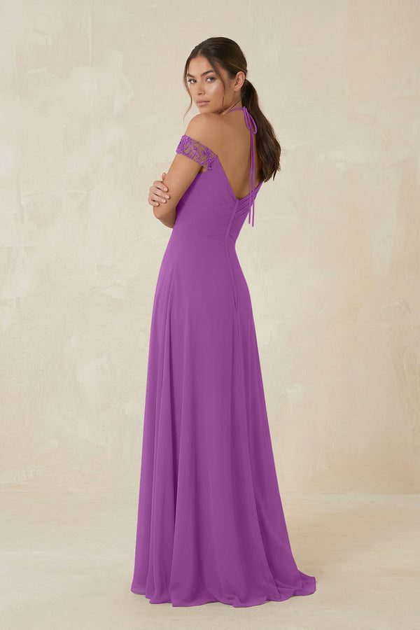 A-Line Off-the-Shoulder Chiffon Bridesmaid Dress in Amethyst - KissProm BRIDESMAID DRESSES