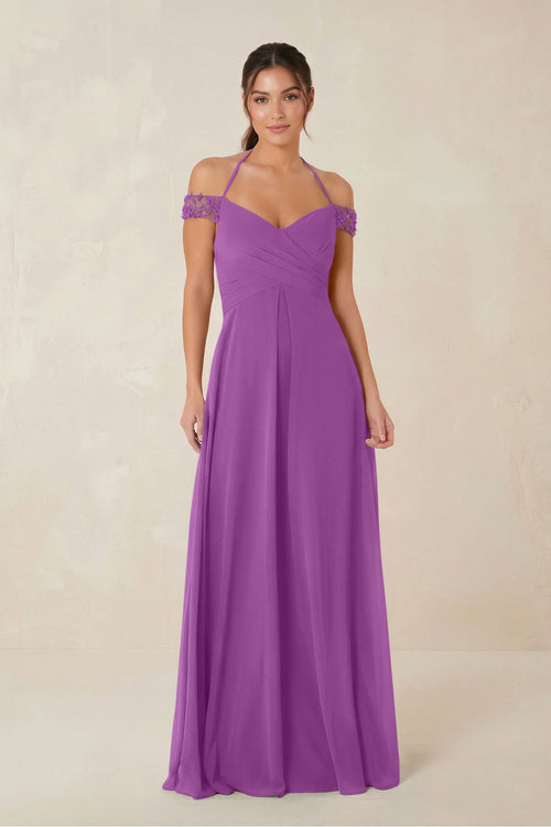 A-Line Off-the-Shoulder Chiffon Bridesmaid Dress in Amethyst - KissProm BRIDESMAID DRESSES