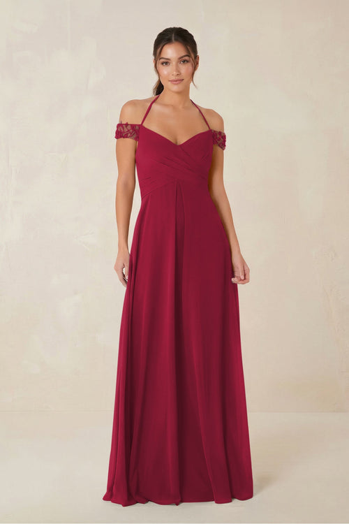 A-Line Off-the-Shoulder Chiffon Bridesmaid Dress in Berry - KissProm BRIDESMAID DRESSES