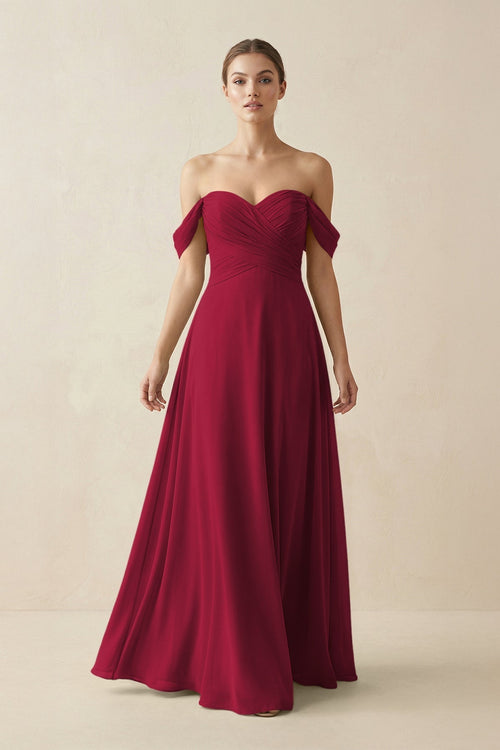 A-Line Off-the-Shoulder Chiffon Bridesmaid Dress in Berry - KissProm BRIDESMAID DRESSES