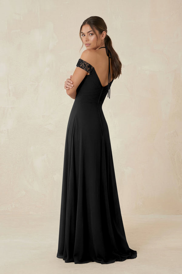 A-Line Off-the-Shoulder Chiffon Bridesmaid Dress in Black - KissProm BRIDESMAID DRESSES