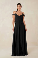 A-Line Off-the-Shoulder Chiffon Bridesmaid Dress in Black - KissProm BRIDESMAID DRESSES