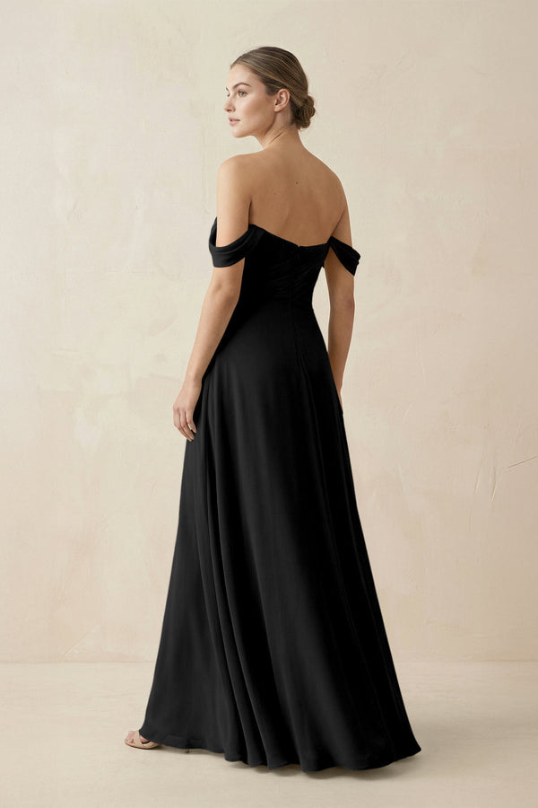 A-Line Off-the-Shoulder Chiffon Bridesmaid Dress in Black - KissProm BRIDESMAID DRESSES