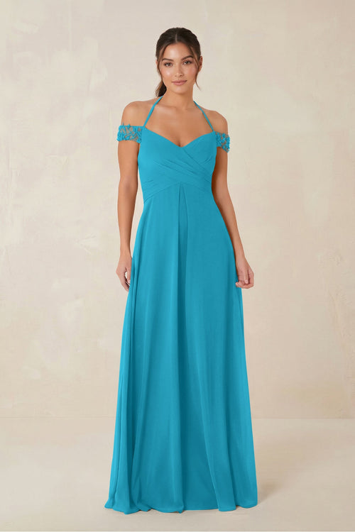 A-Line Off-the-Shoulder Chiffon Bridesmaid Dress in Blue Jay - KissProm BRIDESMAID DRESSES