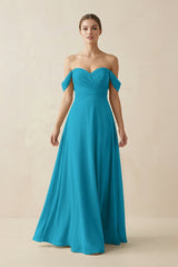 A-Line Off-the-Shoulder Chiffon Bridesmaid Dress in Blue Jay - KissProm BRIDESMAID DRESSES