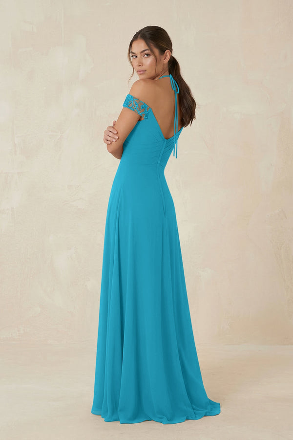 A-Line Off-the-Shoulder Chiffon Bridesmaid Dress in Blue Jay - KissProm BRIDESMAID DRESSES