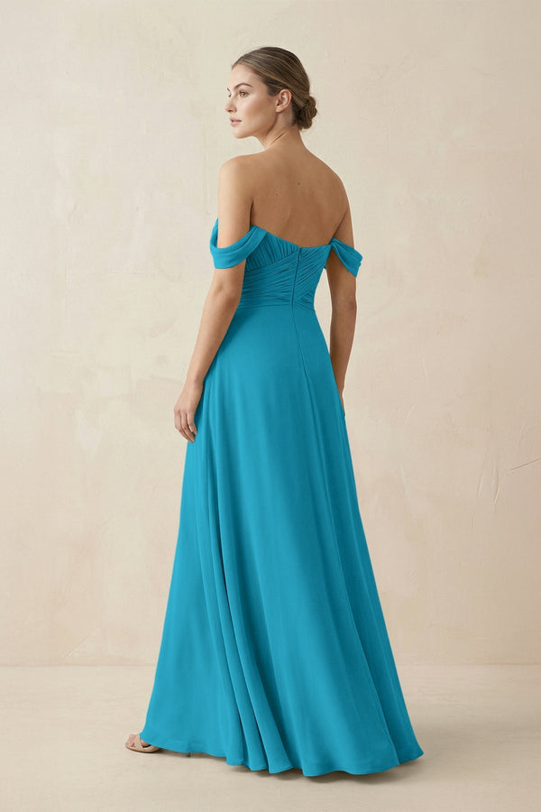 A-Line Off-the-Shoulder Chiffon Bridesmaid Dress in Blue Jay - KissProm BRIDESMAID DRESSES