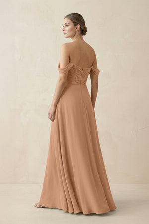 A-Line Off-the-Shoulder Chiffon Bridesmaid Dress in Bronzer - KissProm BRIDESMAID DRESSES