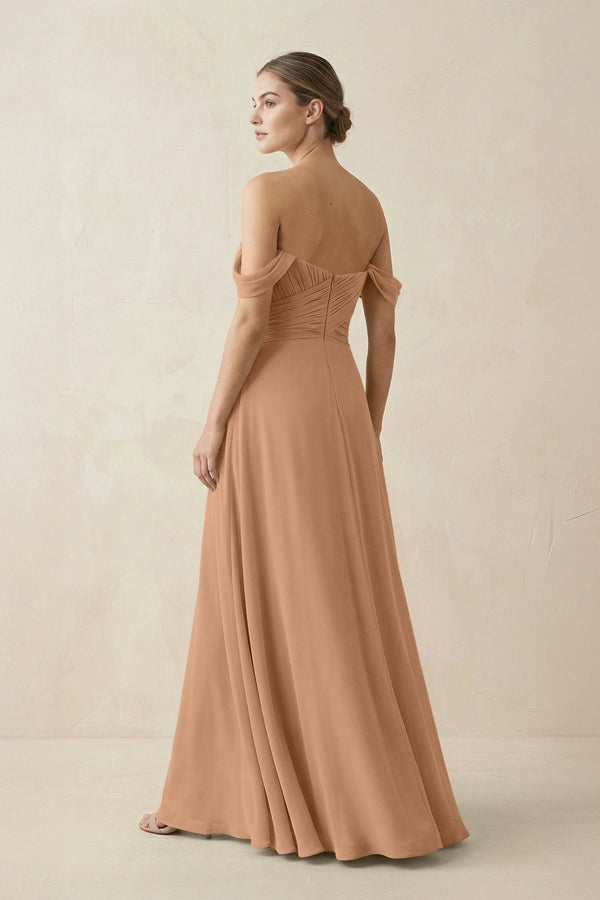 A-Line Off-the-Shoulder Chiffon Bridesmaid Dress in Bronzer - KissProm BRIDESMAID DRESSES