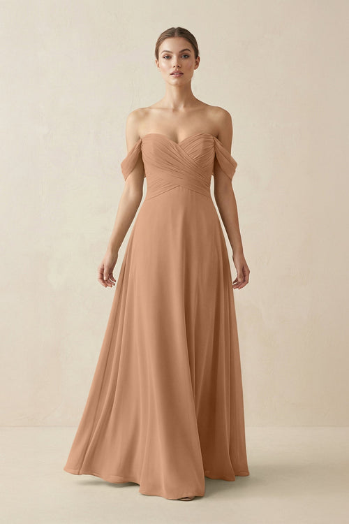 A-Line Off-the-Shoulder Chiffon Bridesmaid Dress in Bronzer - KissProm BRIDESMAID DRESSES
