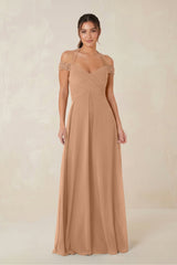 A-Line Off-the-Shoulder Chiffon Bridesmaid Dress in Bronzer - KissProm BRIDESMAID DRESSES
