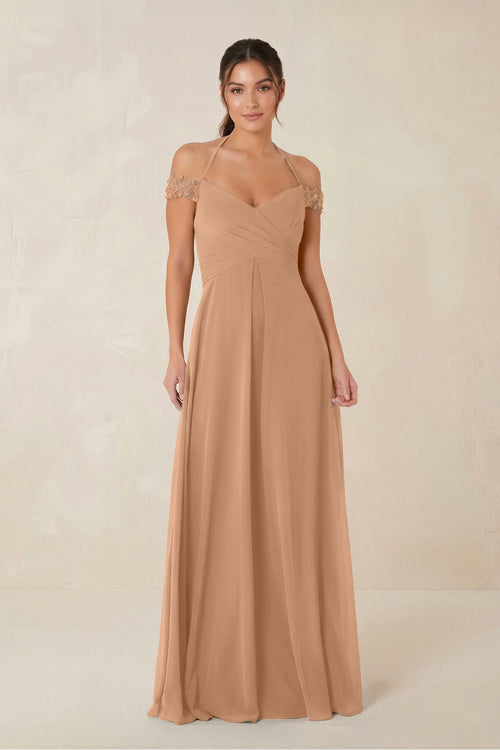 A-Line Off-the-Shoulder Chiffon Bridesmaid Dress in Bronzer - KissProm BRIDESMAID DRESSES