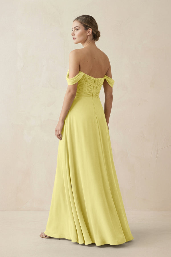 A-Line Off-the-Shoulder Chiffon Bridesmaid Dress in Buttercup - KissProm BRIDESMAID DRESSES