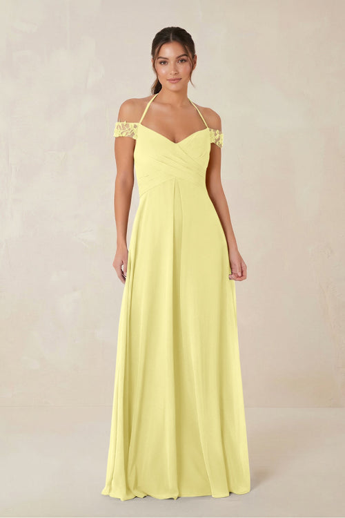 A-Line Off-the-Shoulder Chiffon Bridesmaid Dress in Buttercup - KissProm BRIDESMAID DRESSES