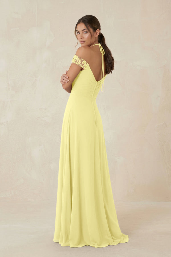 A-Line Off-the-Shoulder Chiffon Bridesmaid Dress in Buttercup - KissProm BRIDESMAID DRESSES