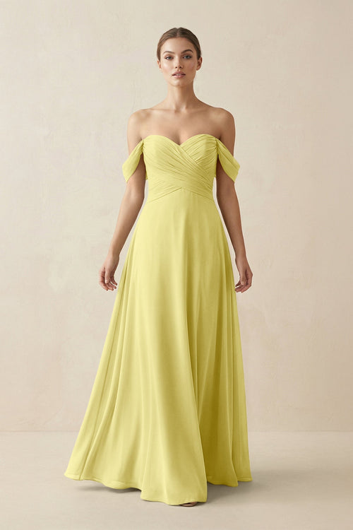 A-Line Off-the-Shoulder Chiffon Bridesmaid Dress in Buttercup - KissProm BRIDESMAID DRESSES