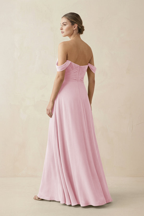 A-Line Off-the-Shoulder Chiffon Bridesmaid Dress in Candy Pink - KissProm BRIDESMAID DRESSES