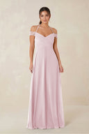 A-Line Off-the-Shoulder Chiffon Bridesmaid Dress in Candy Pink - KissProm BRIDESMAID DRESSES
