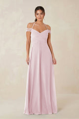 A-Line Off-the-Shoulder Chiffon Bridesmaid Dress in Candy Pink - KissProm BRIDESMAID DRESSES