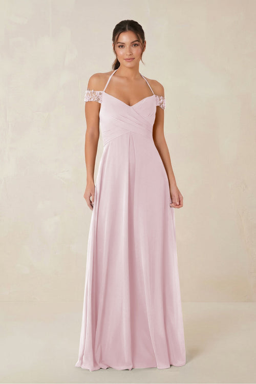 A-Line Off-the-Shoulder Chiffon Bridesmaid Dress in Candy Pink - KissProm BRIDESMAID DRESSES