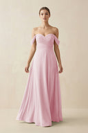 A-Line Off-the-Shoulder Chiffon Bridesmaid Dress in Candy Pink - KissProm BRIDESMAID DRESSES
