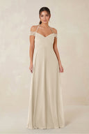 A-Line Off-the-Shoulder Chiffon Bridesmaid Dress in Champagne - KissProm BRIDESMAID DRESSES