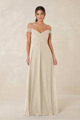 A-Line Off-the-Shoulder Chiffon Bridesmaid Dress in Champagne - KissProm BRIDESMAID DRESSES