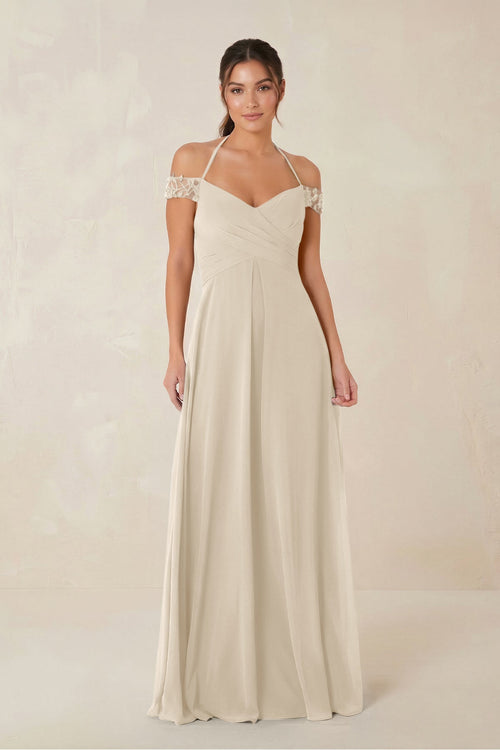 A-Line Off-the-Shoulder Chiffon Bridesmaid Dress in Champagne - KissProm BRIDESMAID DRESSES