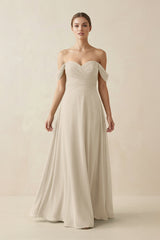 A-Line Off-the-Shoulder Chiffon Bridesmaid Dress in Champagne - KissProm BRIDESMAID DRESSES
