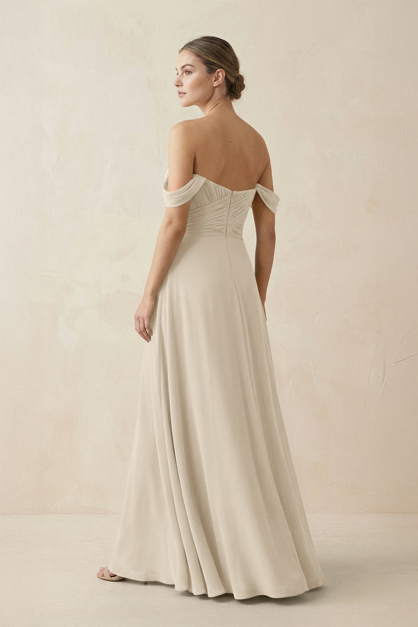 A-Line Off-the-Shoulder Chiffon Bridesmaid Dress in Champagne - KissProm BRIDESMAID DRESSES