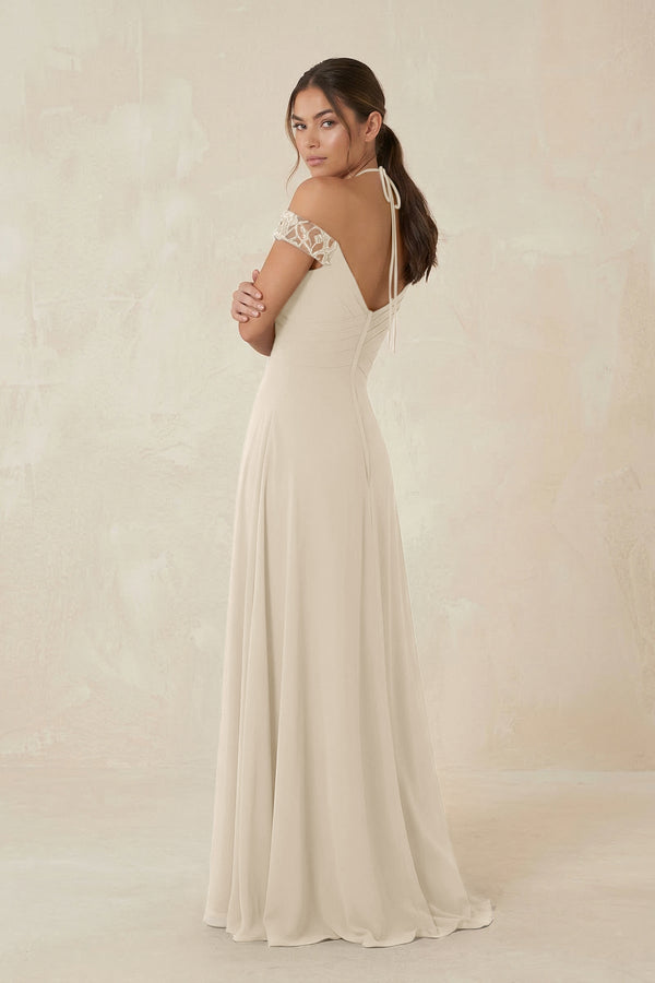 A-Line Off-the-Shoulder Chiffon Bridesmaid Dress in Champagne - KissProm BRIDESMAID DRESSES