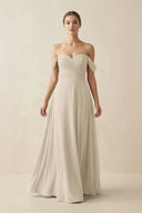 A-Line Off-the-Shoulder Chiffon Bridesmaid Dress in Champagne - KissProm BRIDESMAID DRESSES