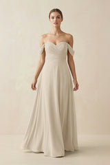 A-Line Off-the-Shoulder Chiffon Bridesmaid Dress in Champagne - KissProm BRIDESMAID DRESSES